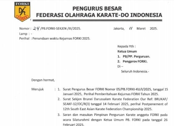 Kejurnas Karate Piala Ketum Forki III dan Piala Gubernur Riau Ditunda