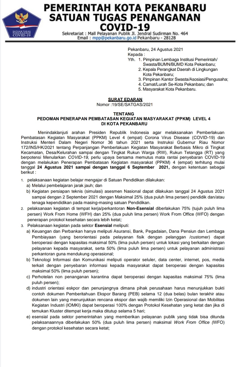 PPKM Level 4 di Pekanbaru Diperpanjang, Namun Ada Kelonggaran